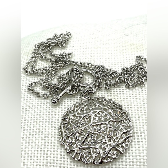 Cookie Lee Necklace Silver-tone toggle closure Crystals round Sphere Long 32” - Picture 4 of 13